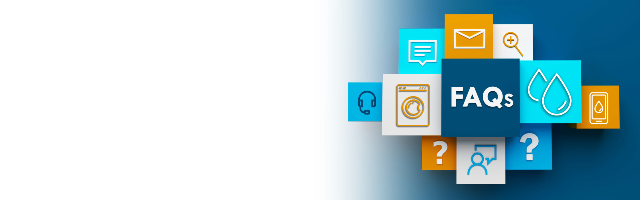 Frequently asked Questions banner with images of appliances, search, messaging, and question marks.
